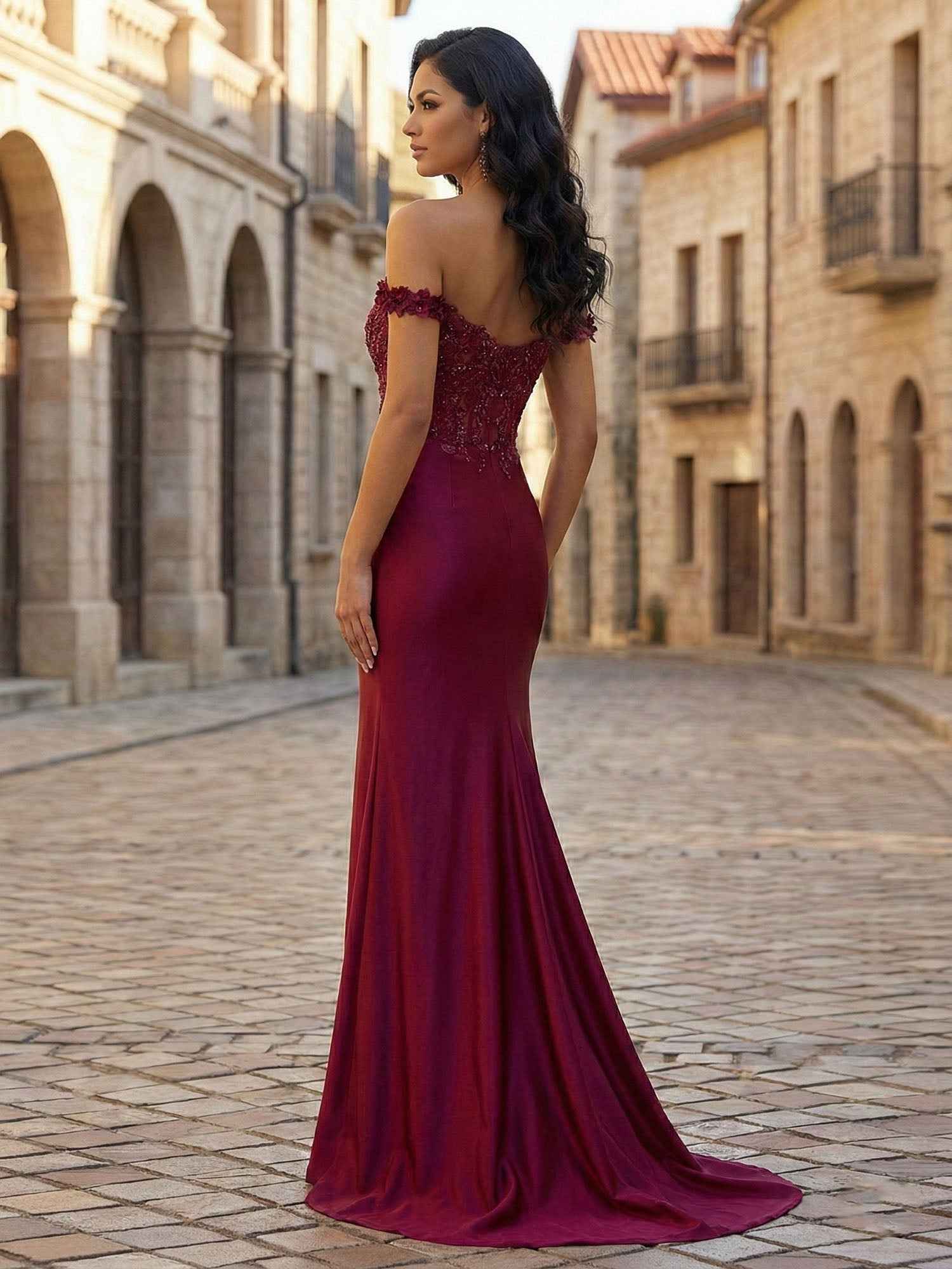 Mermaid Off-The-Shoulder Floral Corset Long Prom Dress with Slit