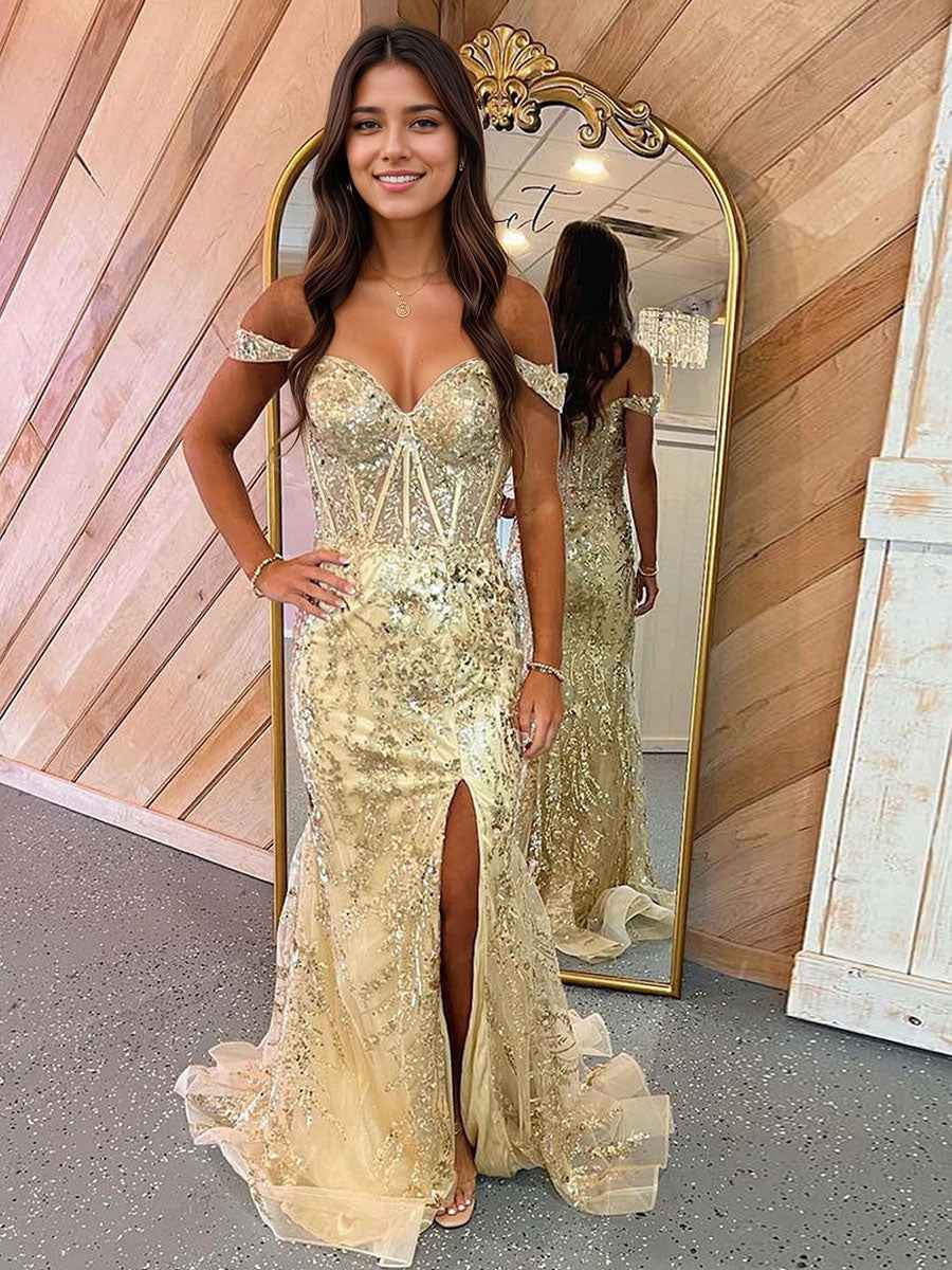 Mermaid Off-the-Shoulder Sequin Lace Long Porm Dress with Slit
