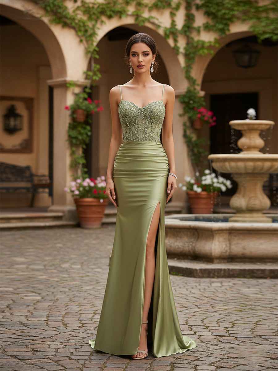 Mermaid Spaghetti Straps Bodice Long Prom Dress with Beads