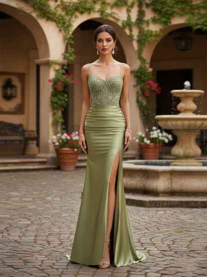 Mermaid Spaghetti Straps Bodice Long Prom Dress with Beads