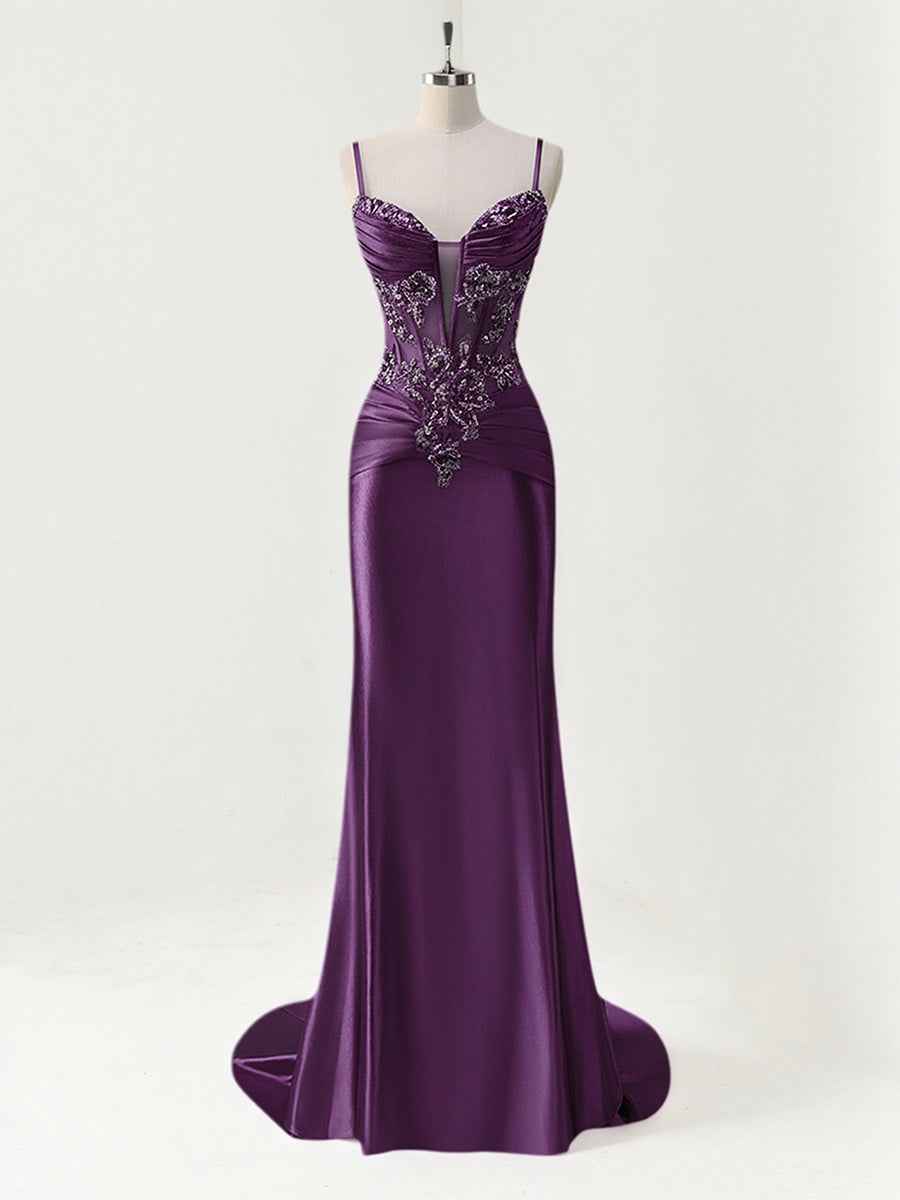 Purple Mermaid Spaghetti Straps Satin Long Corset Appliqued Prom Dress
