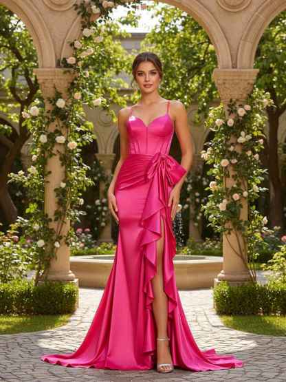 Mermaid Spaghetti Straps Satin Prom Dress with Bow