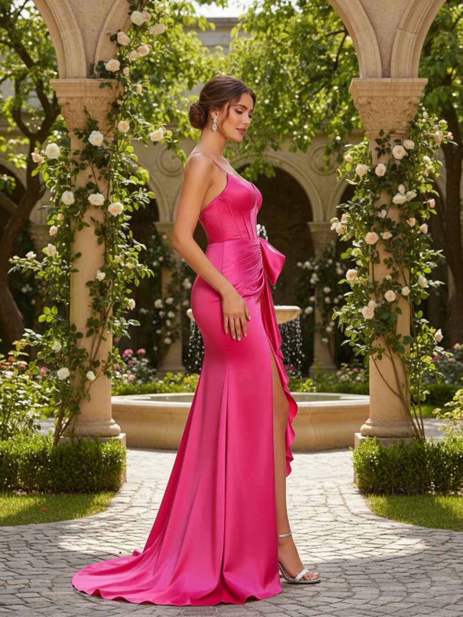 Mermaid Spaghetti Straps Satin Prom Dress with Bow