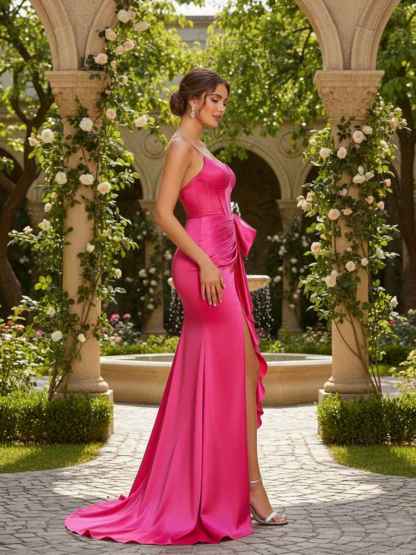 Mermaid Spaghetti Straps Satin Prom Dress with Bow