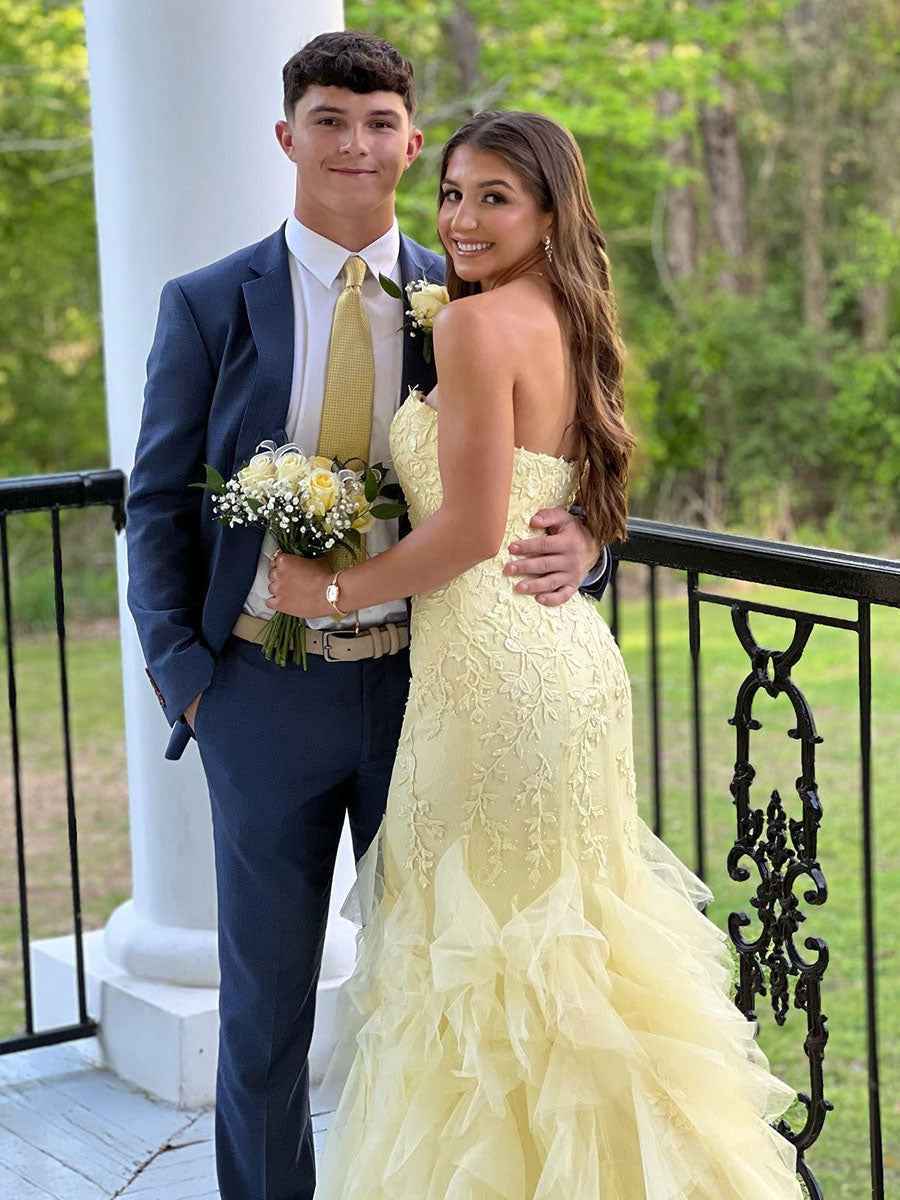 Mermaid Strapless Appliques Ruffles Hem Long Prom Dress