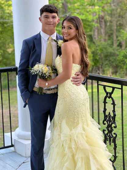 Mermaid Strapless Appliques Ruffles Hem Long Prom Dress