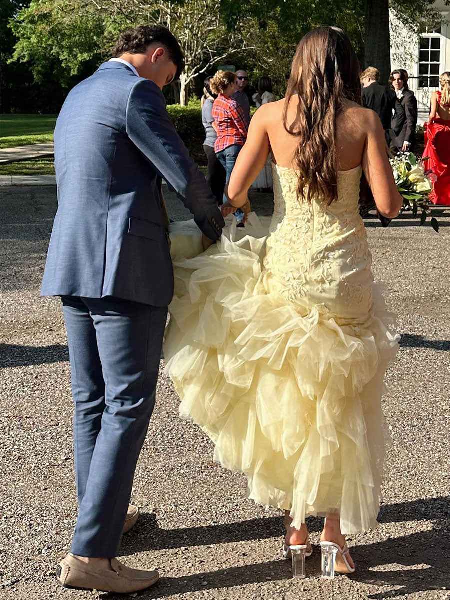 Mermaid Strapless Appliques Ruffles Hem Long Prom Dress