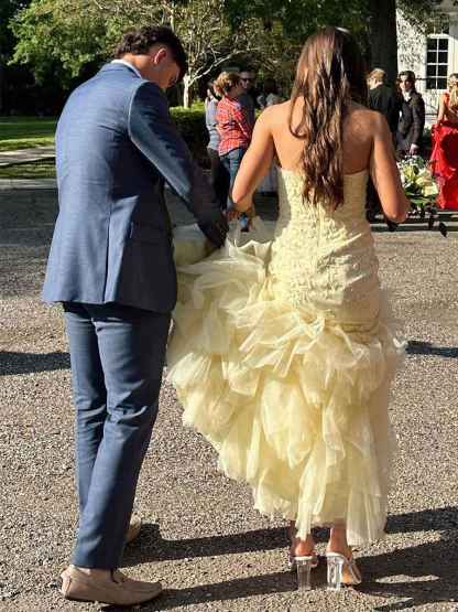 Mermaid Strapless Appliques Ruffles Hem Long Prom Dress