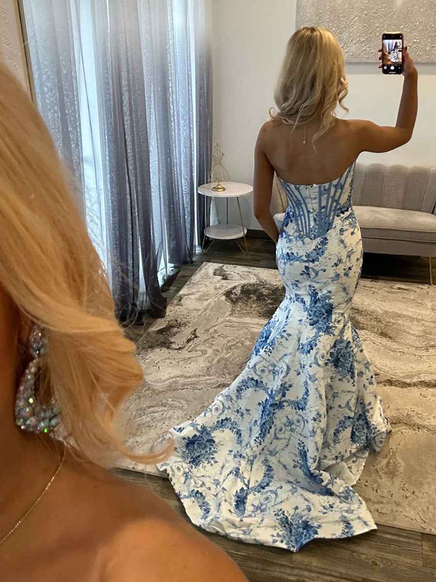 Mermaid Strapless Sweetheart Floral Long Prom Dress