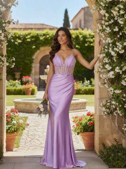 Mermaid V Neck Long Prom Dress with Beading Pleated