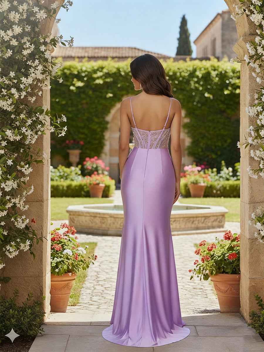 Mermaid V Neck Long Prom Dress with Beading Pleated