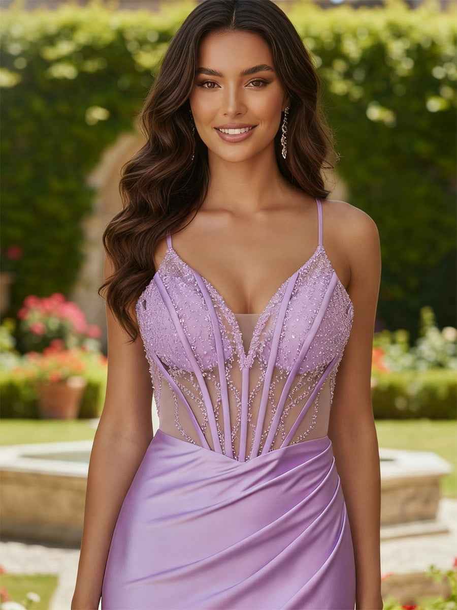 Mermaid V Neck Long Prom Dress with Beading Pleated