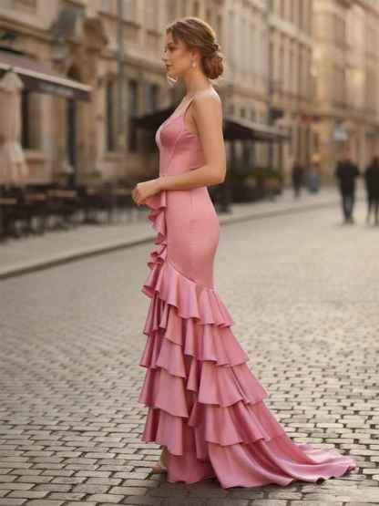 Mermaid V Neck Satin Fitted Ruffle Prom Dress with Slit