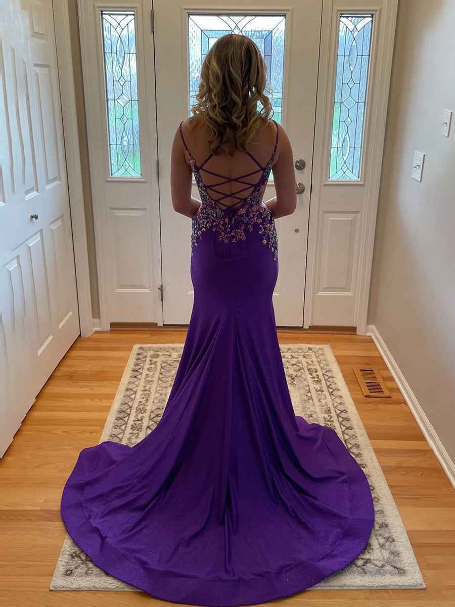 Mermaid V Neck Satin Long Prom Dress with Appliques