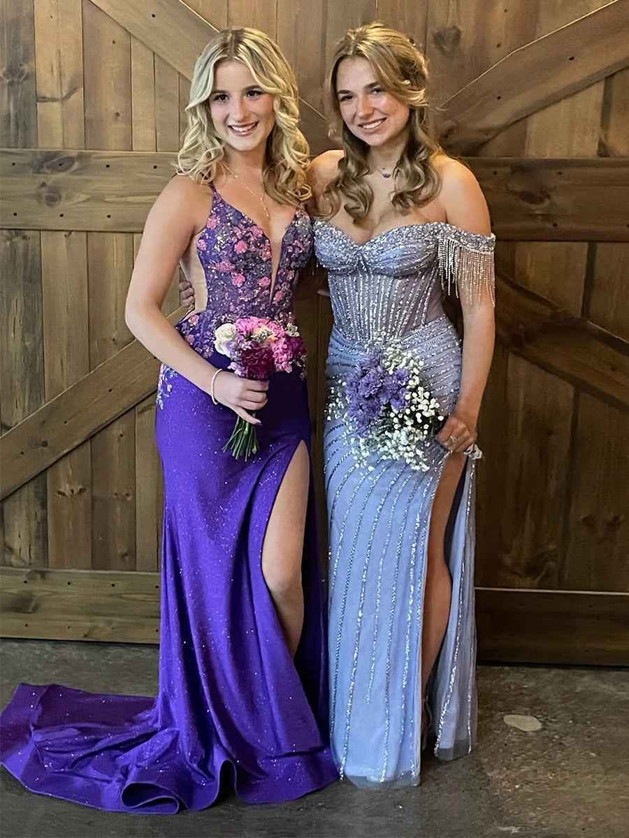 Mermaid V Neck Satin Long Prom Dress with Appliques