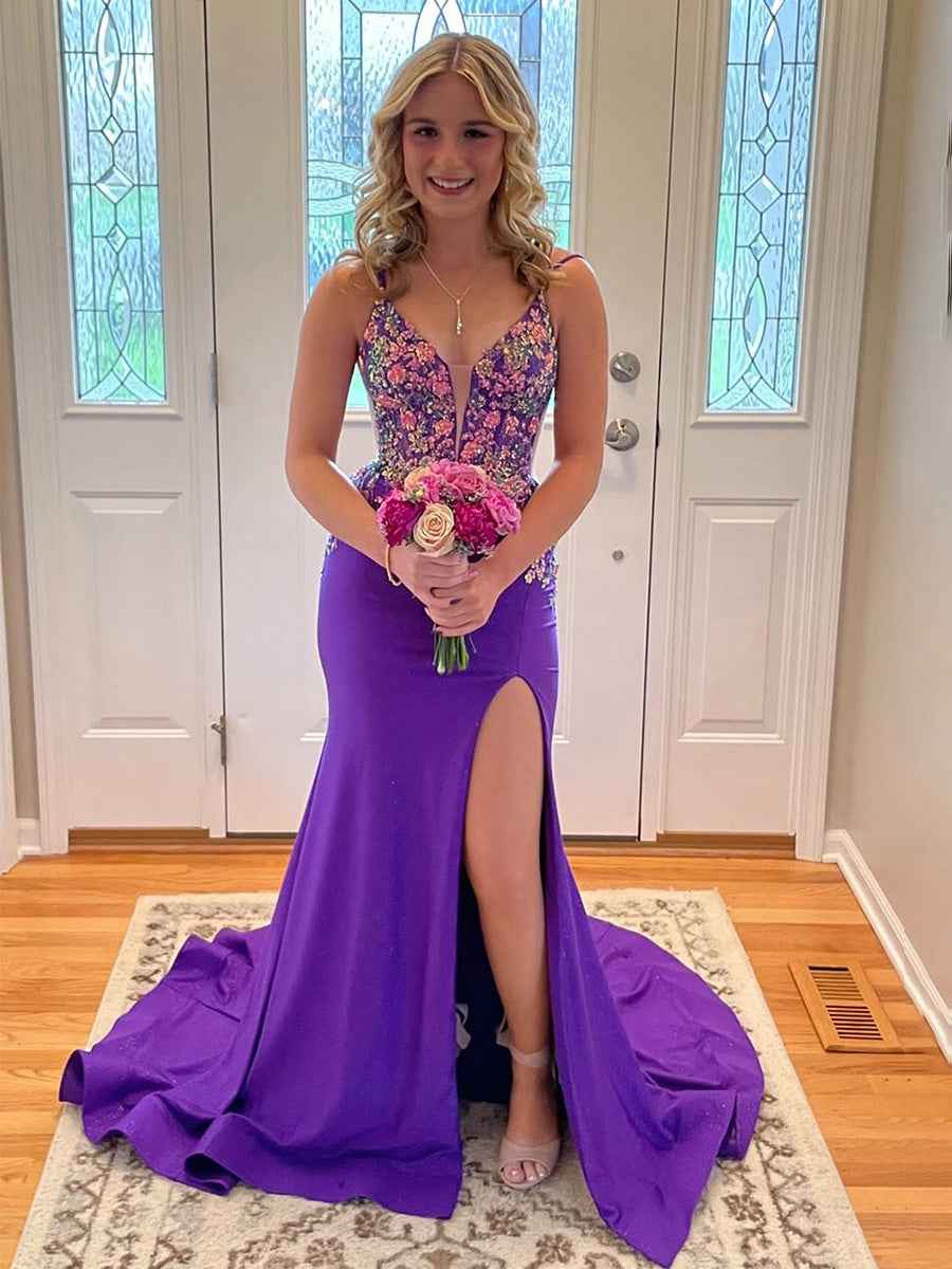 Mermaid V Neck Satin Long Prom Dress with Appliques