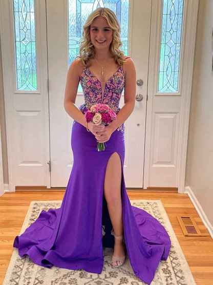 Mermaid V Neck Satin Long Prom Dress with Appliques