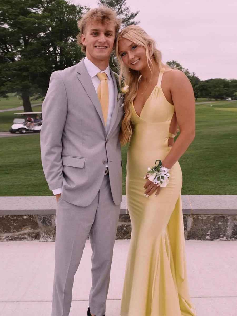 Mermaid V Neck Satin Long Prom Dress with Cross Back