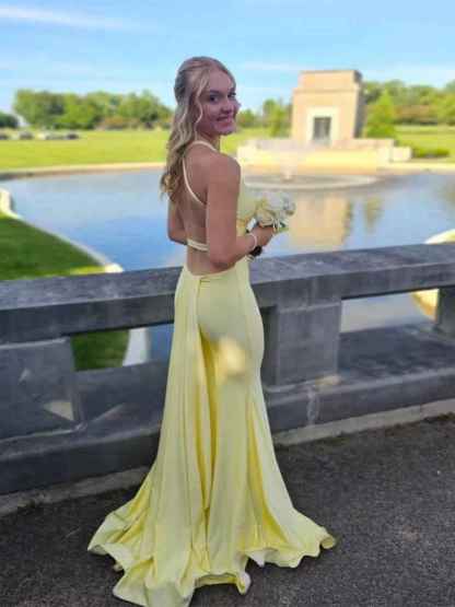 Mermaid V Neck Satin Long Prom Dress with Cross Back