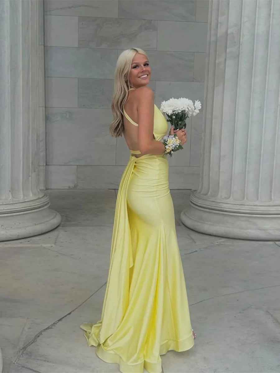 Mermaid V Neck Satin Long Prom Dress with Cross Back