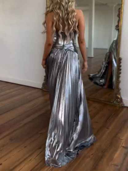 Metallic Bronze Pleated Strapless Corset Long Prom Dress with Slit