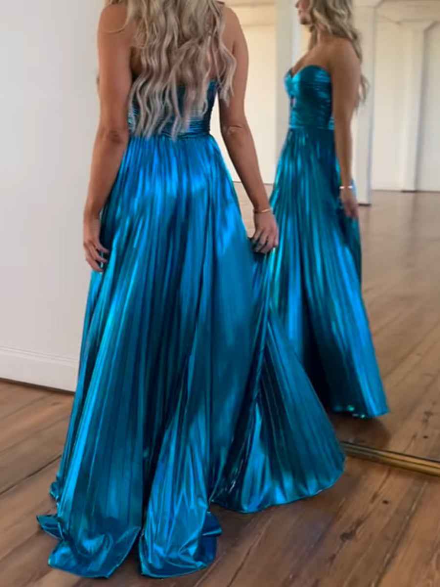 Metallic Bronze Pleated Strapless Corset Long Prom Dress with Slit
