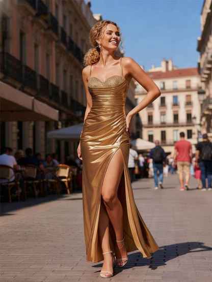 Metallic Gold Spaghetti Strap Ruched Bodice Prom Dress