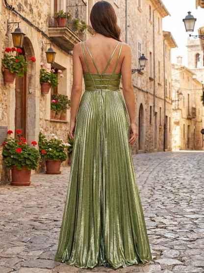Metallic Olive Green Pleated A-Line Long Prom Dress
