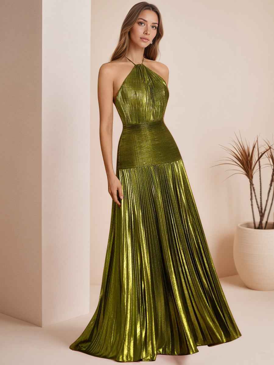 Metallic Olive Green Pleated Halter Prom Dress with High Slit