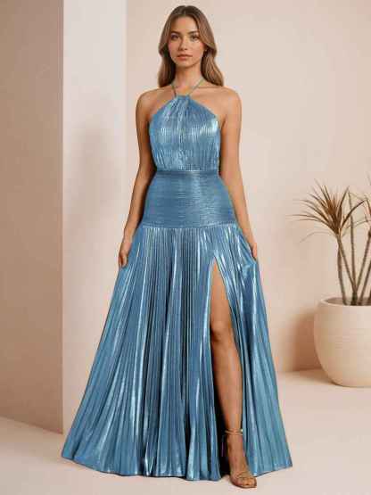 Metallic Olive Green Pleated Halter Prom Dress with High Slit