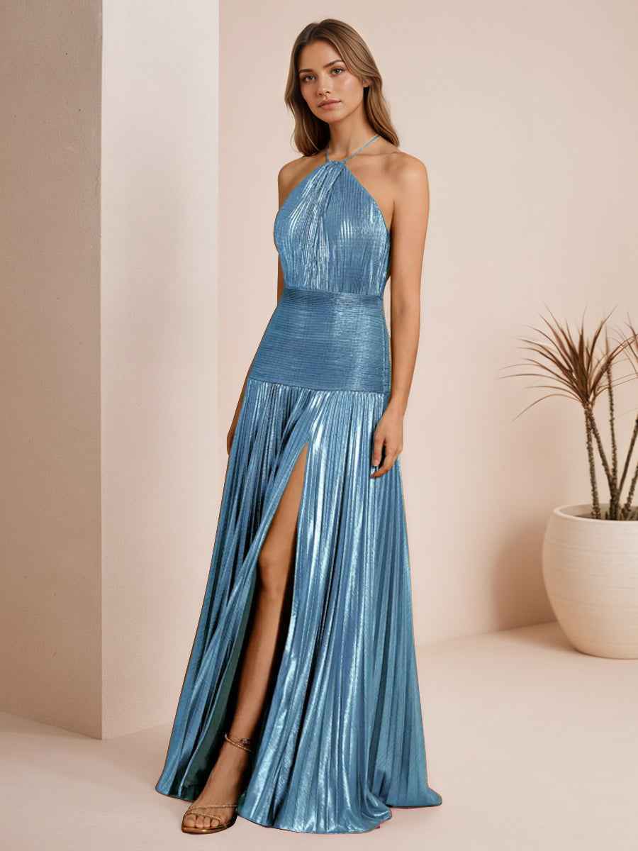 Metallic Olive Green Pleated Halter Prom Dress with High Slit