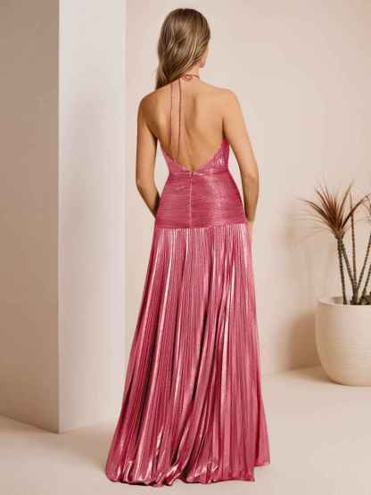 Metallic Olive Green Pleated Halter Prom Dress with High Slit