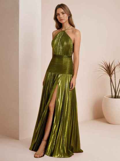 Metallic Olive Green Pleated Halter Prom Dress with High Slit