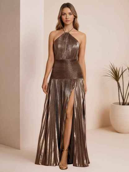 Metallic Olive Green Pleated Halter Prom Dress with High Slit