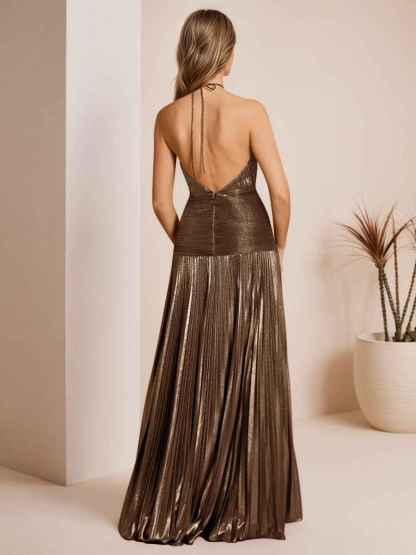Metallic Olive Green Pleated Halter Prom Dress with High Slit