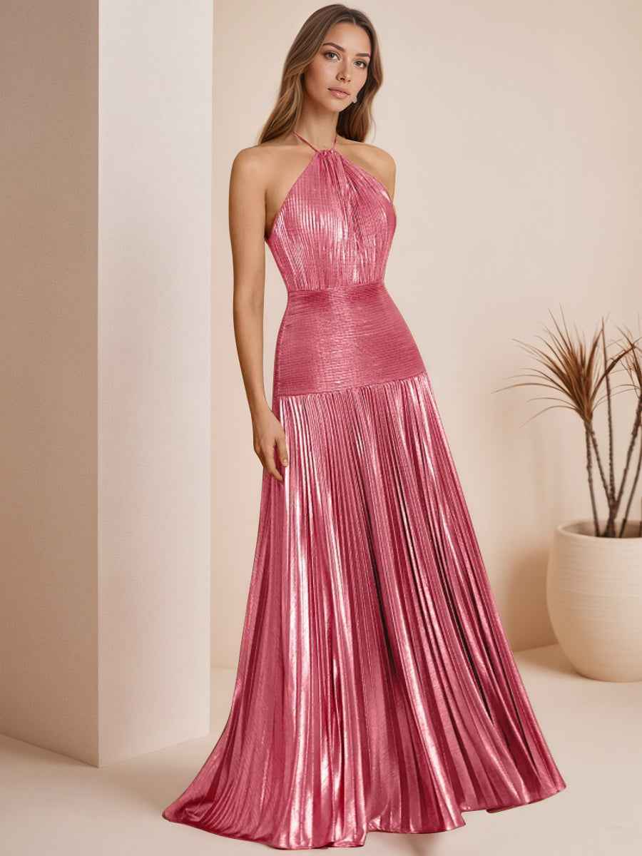 Metallic Olive Green Pleated Halter Prom Dress with High Slit