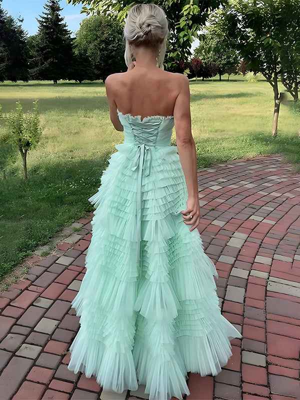 Mint Green A-Line Strapless Scoop Neck Tiered Tulle Prom Dress
