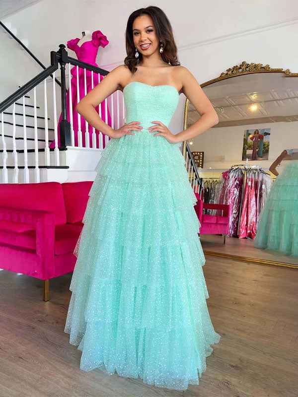 Mint Green A Line Straplesss Tulle Tiered Prom Dress