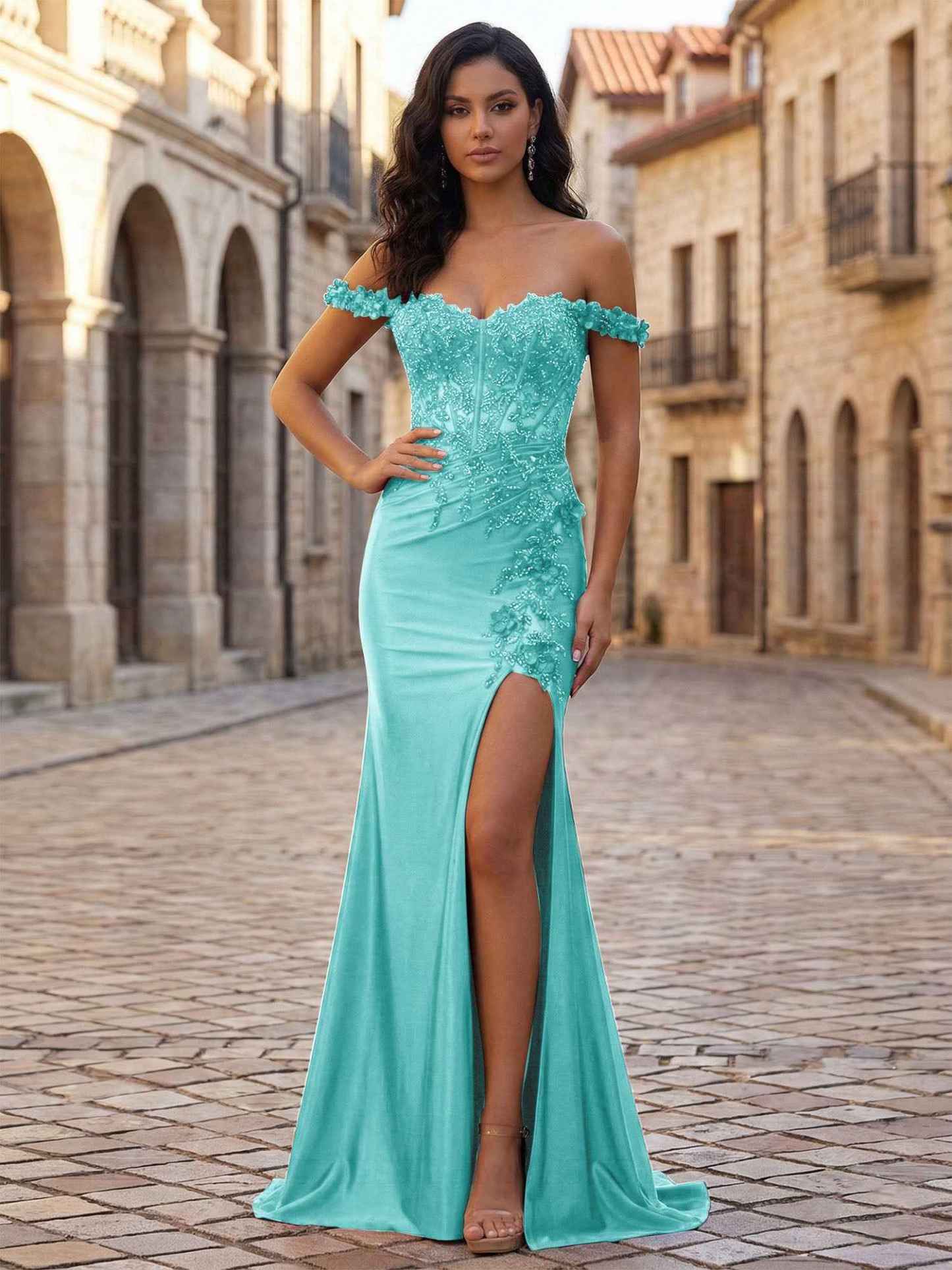 Mermaid Off-The-Shoulder Floral Corset Long Prom Dress with Slit