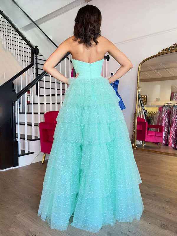 Mint Green A Line Straplesss Tulle Tiered Prom Dress