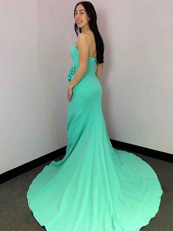 Mint Green Mermaid Strapless Satin Long Prom Dress with Slit