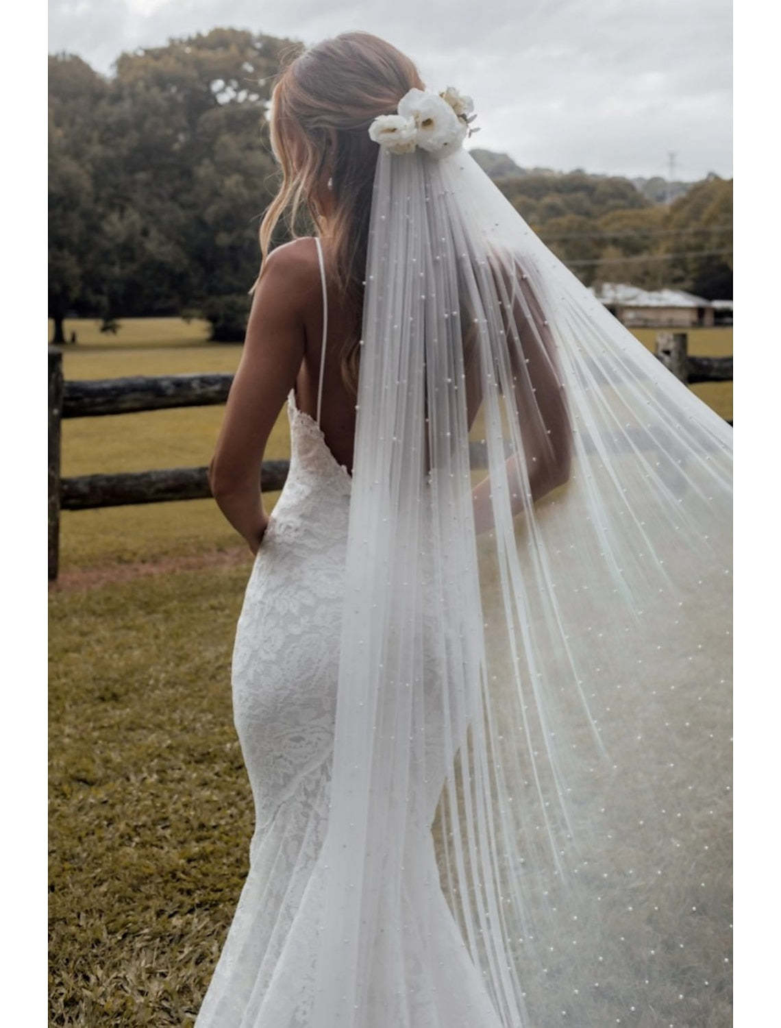 Vintage-style Single-tier Cathedral Wedding Veil with Faux Pearls on 280cm Tulle
