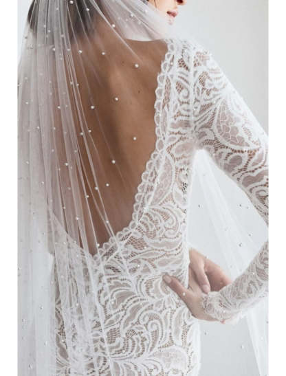 Vintage-style Single-tier Cathedral Wedding Veil with Faux Pearls on 280cm Tulle