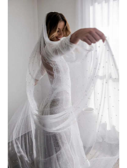 Vintage-style Single-tier Cathedral Wedding Veil with Faux Pearls on 280cm Tulle