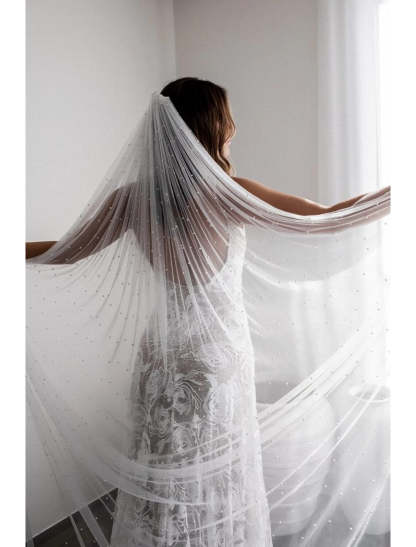 Vintage-style Single-tier Cathedral Wedding Veil with Faux Pearls on 280cm Tulle