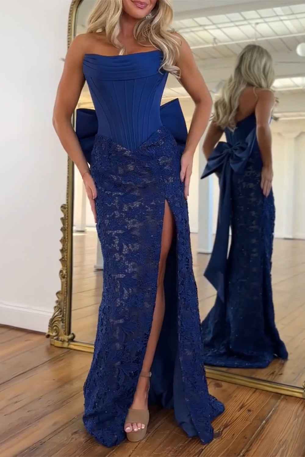 Red Lace Mermaid Strapless Long Corset Prom Dress with Bow