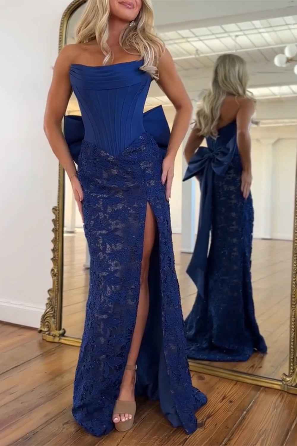 Red Lace Mermaid Strapless Long Corset Prom Dress with Bow