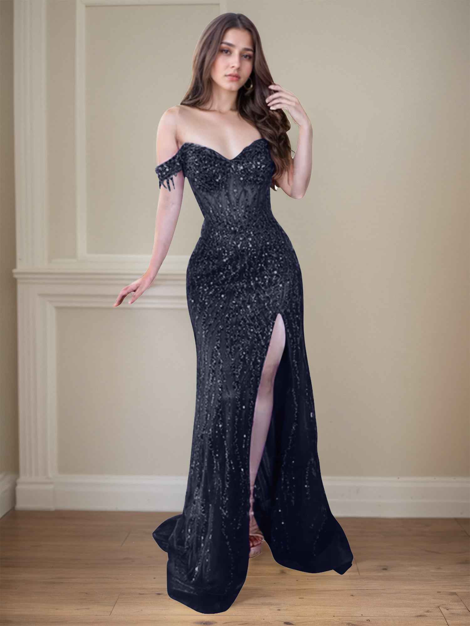 Red Off-the-Shoulder Beaded Tulle Long Prom Dress with Swirling Sequins