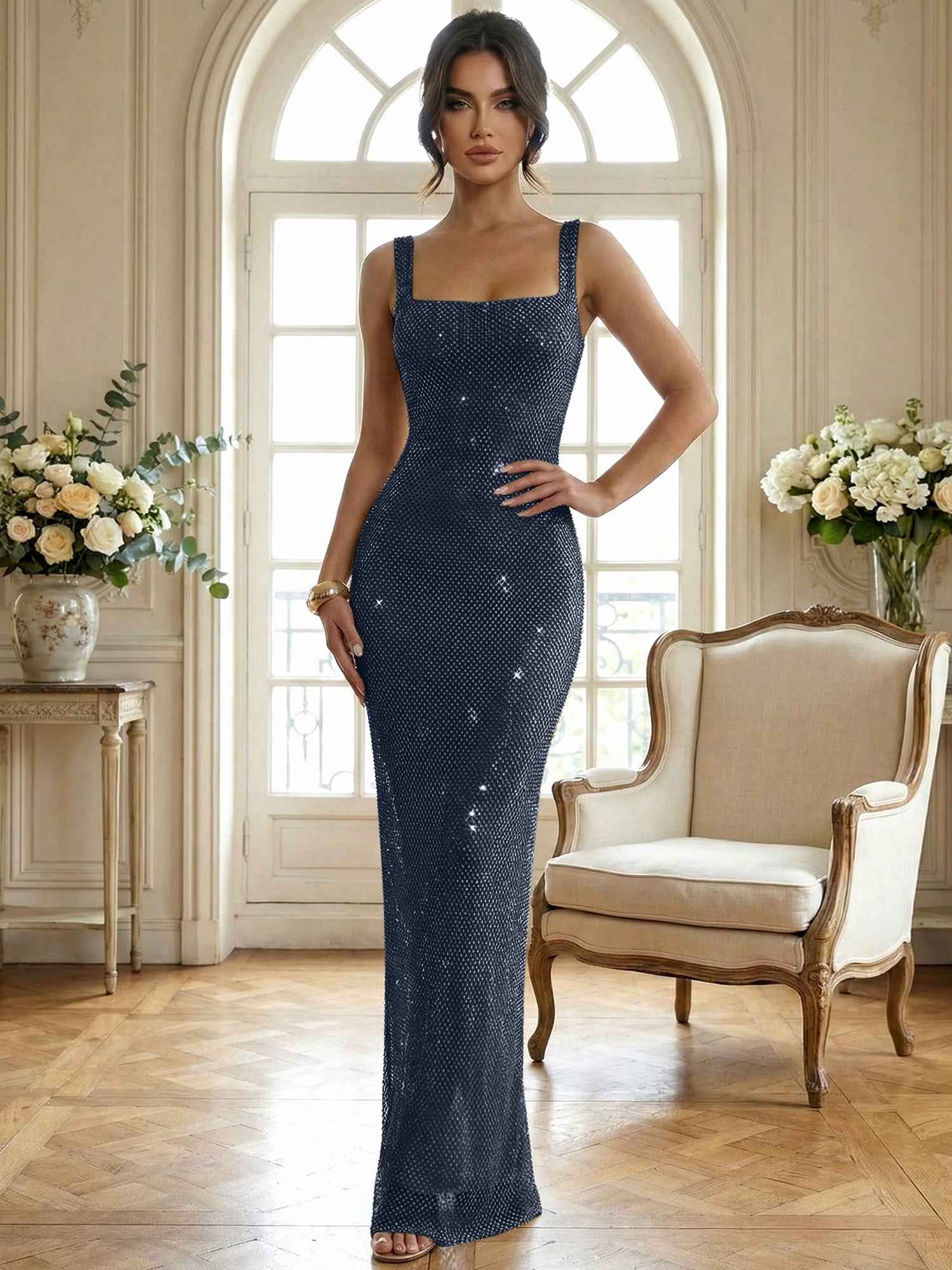 Sparkly Champagne Crystal Mesh Square Neck Long Prom Dress