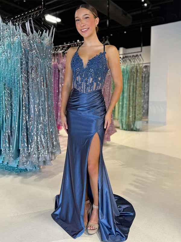 Dark Red Mermaid Spaghetti Straps V Neck Satin Prom Dress with Slit